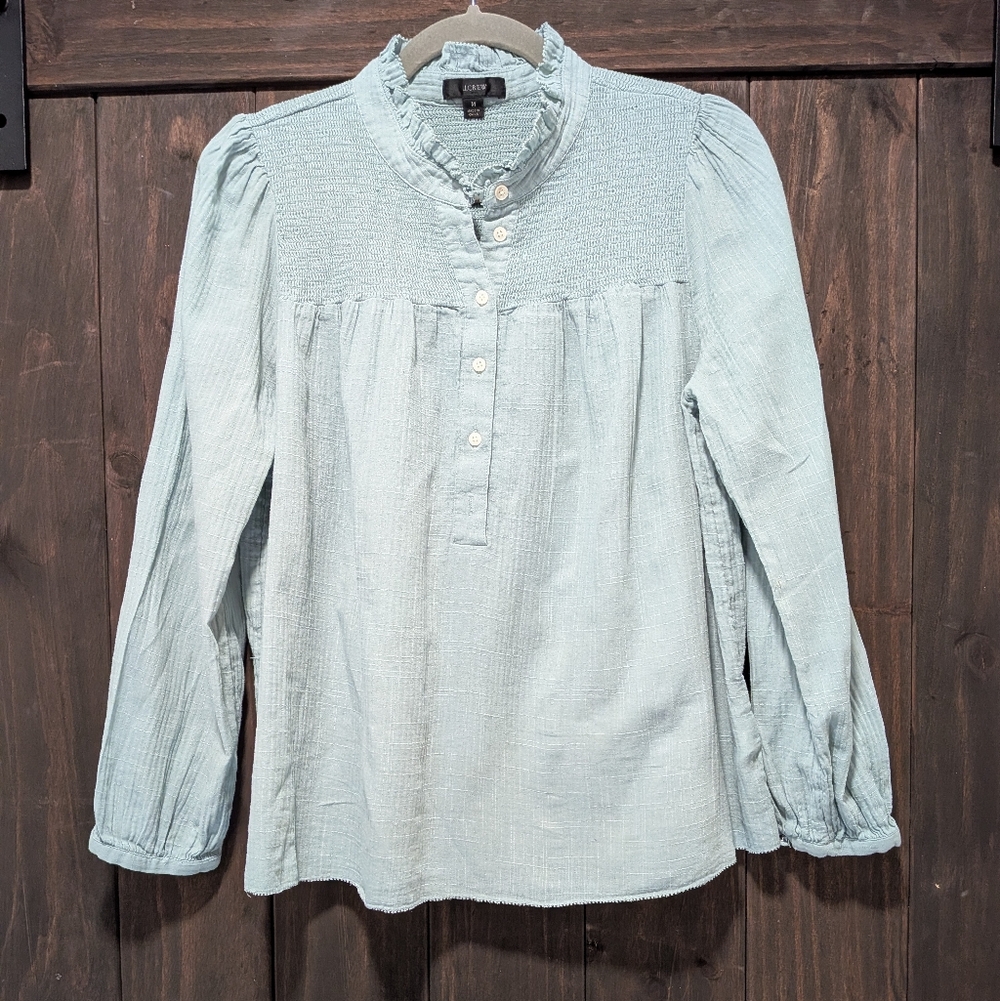 J.Crew Smocked Yoke Ruffle Neck Sage Green Long Sleeve Blouse Medium